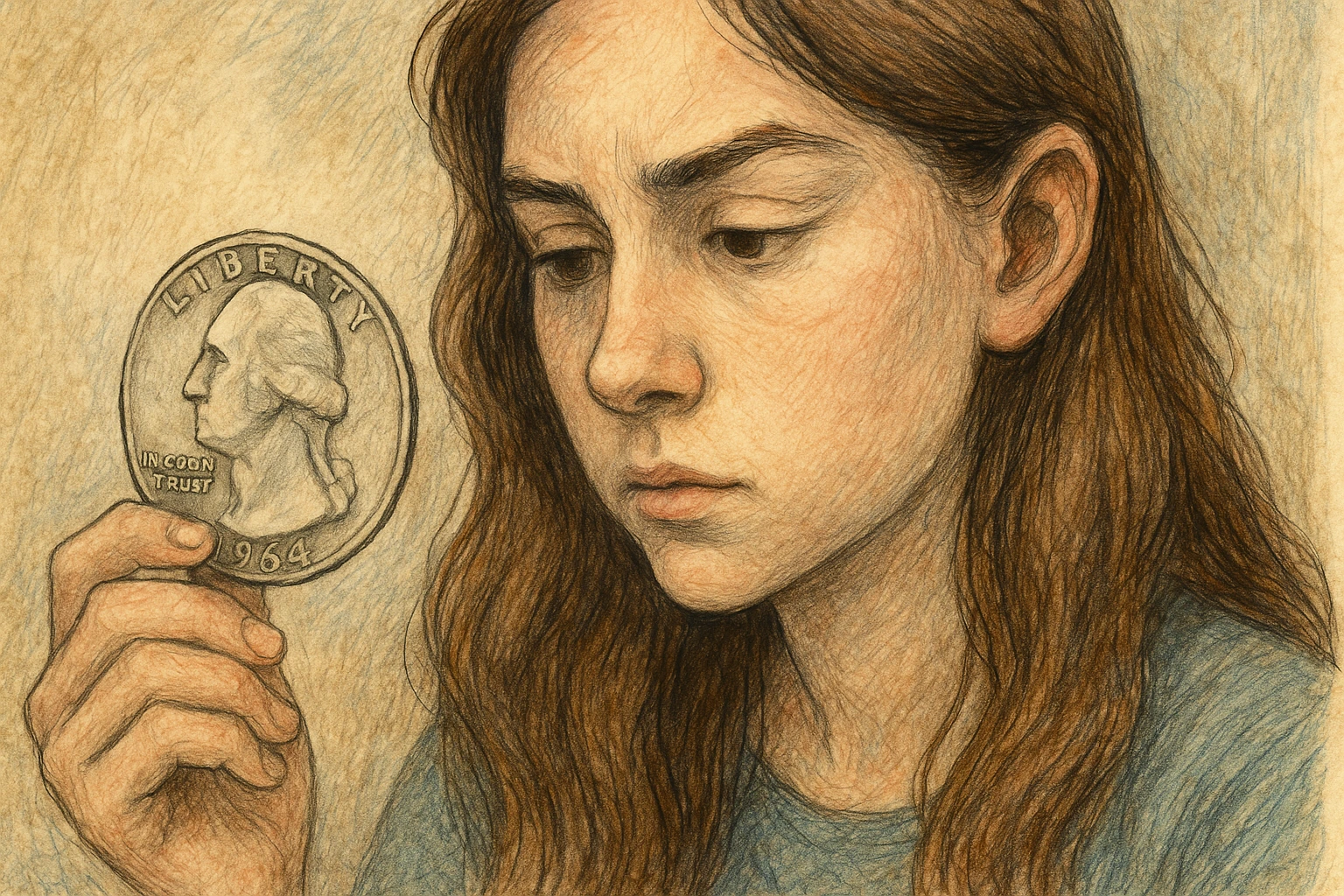 A girl is looking with patience at the 1964 quarter.